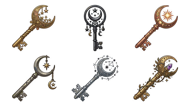 Collection of ornate pixel art keys with celestial moon and star motifs, symbolizing mystery and discovery