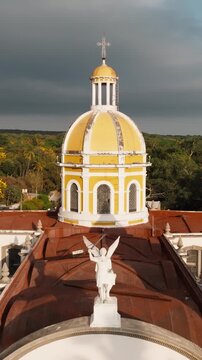Parroquia de San Miguel Arc&aacute;ngel del Esp&iacute;ritu Santo In Comala, Mexico - Drone, Vertical Shot