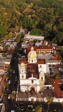Town Of Comala With Parroquia de San Miguel Arc&aacute;ngel del Esp&iacute;ritu Santo In Colima, Mexico - Drone, Vertical Shot