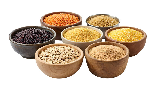 Assortment of grains oats and seeds in bowls and on transparent background.