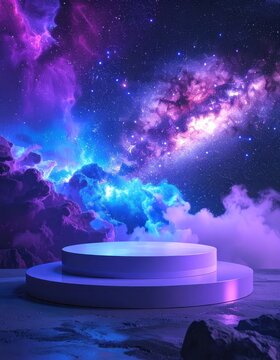 A futuristic stage or pedestal is set against a vibrant cosmic backdrop of stars and nebulae.