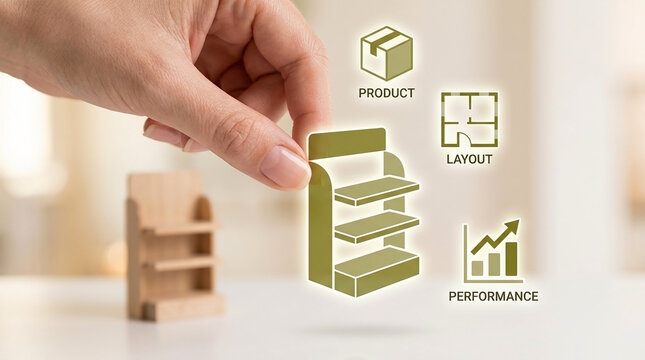 Retail Shelf Management and Merchandising Optimization Concept with Hand Holding Shelf Icon and Digital Graphics for Product Layout and Performance.