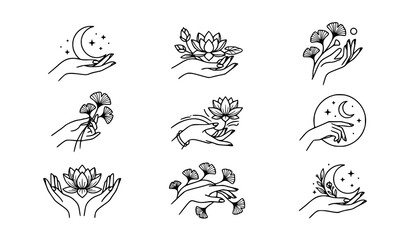 Minimal female hand logos moon lotus ginkgo leaf line art beauty spa vector set EPS 10 © Md Monirul