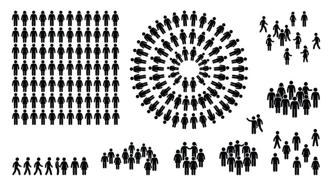 Black stick figure icons arranged in diverse patterns including grids circles and scattered group clusters