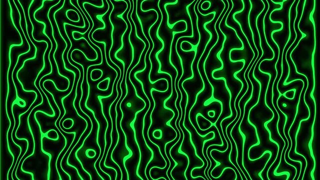 Neon green liquid lines moving vertically in fluid animation motion creates hypnotic flowing patterns on black background for digital visual effects wallpaper screen design project.