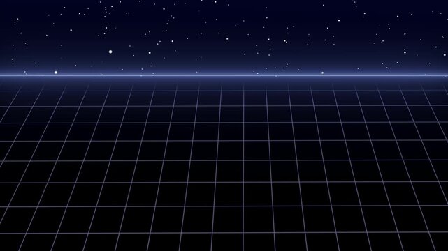 Retro eighties style synthwave neon grid landscape moving forward in virtual deep space with shining stars background for futuristic creative motion design and digital animation.