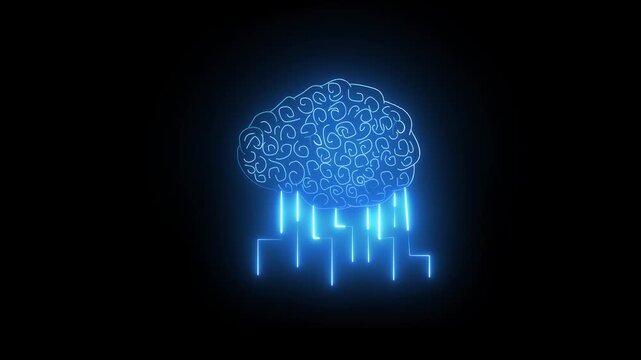 Neon blue brain animation showing artificial intelligence and machine learning concept on black background with glowing circuit lines moving vertically representing neural network processing.