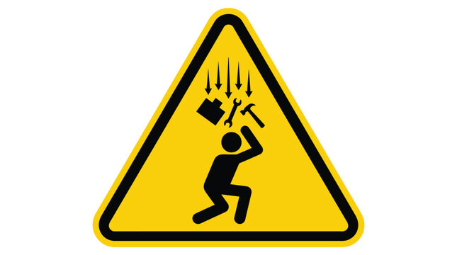 Yellow triangular hazard sign featuring a black pictogram of a person crouching to protect their head from falling tools and heavy objects in a workplace setting