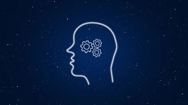 Abstract profile silhouette of human head with rotating gears and storage error message representing memory loss or cognitive malfunction in digital space motion graphics on starry background.