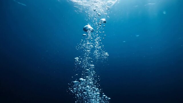 Underwater Bubbles Rising Through Clear Blue Water.