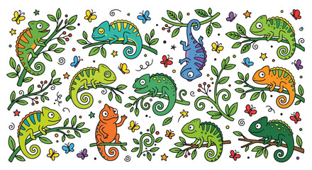 Obraz premium Vibrant Chameleon Collection on Branches with Butterflies and Leaves