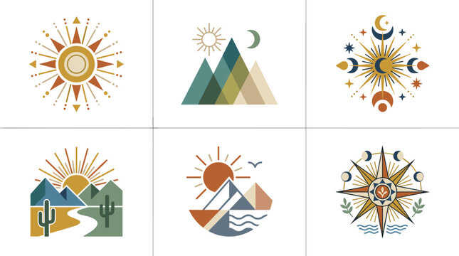 Collection of stylized boho sun, moon, and mountain landscape illustrations with desert and celestial elements, vector icons