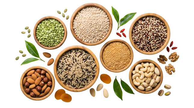 Assortment of healthy grains nuts seeds and dried fruit in wooden bowls on transparent background.
