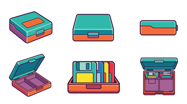 Pixel art retro storage cases for floppy disks and cartridges, vintage tech accessories, obsolete media storage