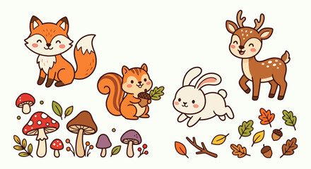 Fototapeta premium Cute cartoon woodland animals and autumn elements