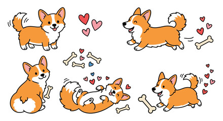 Obraz premium Cute Corgi Dog Poses Collection with Hearts and Bones