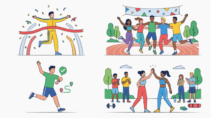 Fototapeta premium Set of four illustrations depicting athletic achievements and celebrations. The images show a runner crossing the finish line, a diverse group of athletes cheering together.