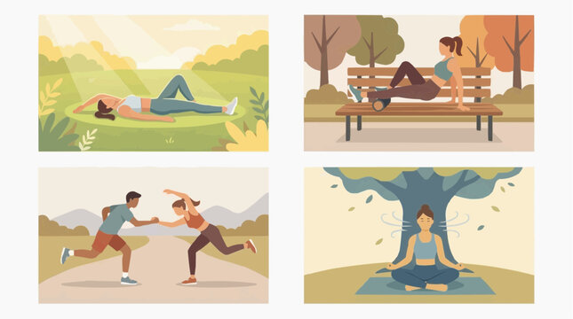 A collage of four illustrations depicting outdoor activities for wellness and leisure. The top left shows a woman relaxing in a sunny park. The top right shows a woman sitting on a park bench.