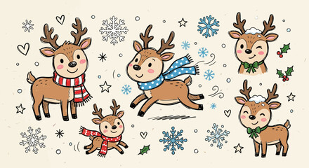 Fototapeta premium Cute reindeer collection with snowflakes, hearts, and holly. Christmas illustrations.