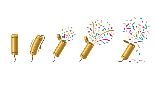 Sequence of a golden pixelated confetti popper exploding with colorful paper streamers and confetti, celebrating party event