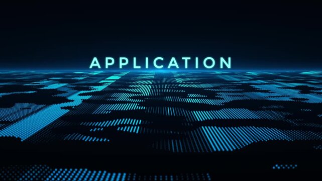 Digital map pulses with cool blue light. Grids stretch endlessly under glowing horizon. World map rendered as data points and lines. "APPLICATION" glows in futuristic font