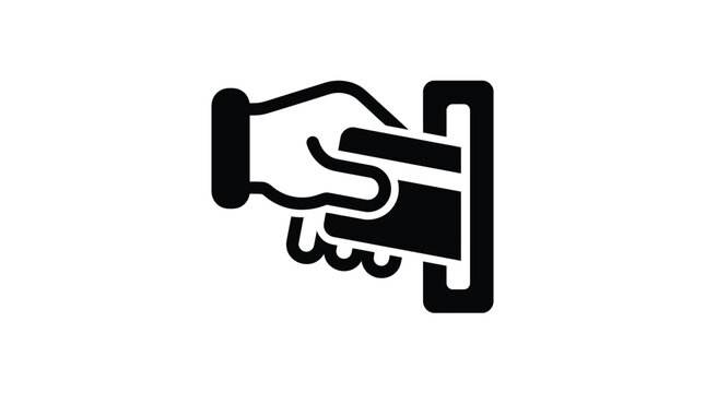 Hand inserting a plastic credit card into a card reader machine to complete a secure financial transaction in this minimalist flat black and white icon graphic