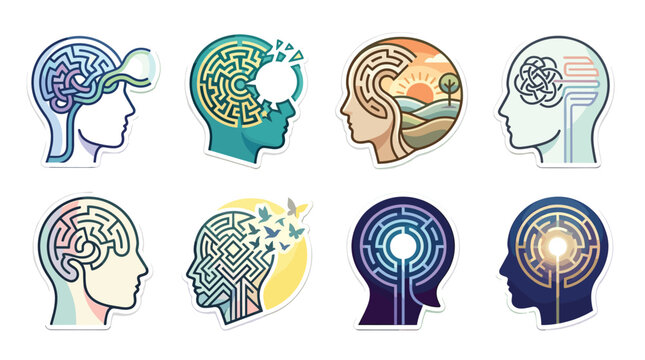 Set of eight pixel art icons representing human mind concepts, including mazes, circuits, and natural landscapes within profile silhouettes, conveying ideas of thought process and artificial