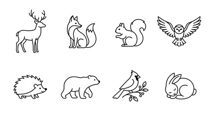Obraz premium Antler Deer and Sitting Fox Silhouette Grid Asset Sheet for Minimalist Winter Forest Woodland Animal Graphics