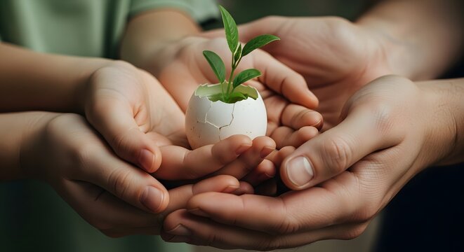 Hands cradling cracked eggshell with growing plant