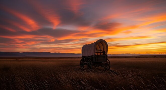 Covered wagon in field under sunset sky