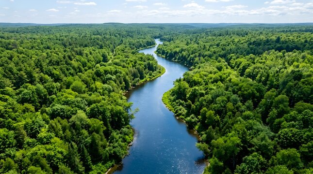 Aerial view of winding river through dense green forest summer landscape natural waterway