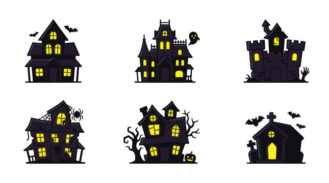 Set of pixel art haunted houses with glowing windows and spooky elements like bats and ghosts, perfect for Halloween game assets or graphic design