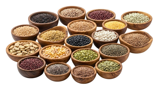 Assortment of various grains and legumes in wooden bowls for healthy eating and cooking.