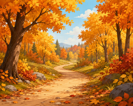 A serene and vibrant autumn forest path bathed in golden sunlight, with colorful foliage framing the winding trail