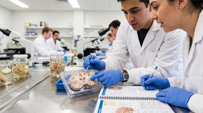 Medical students studying pathology specimens during laboratory class, representing scientific observation and practical medical education.