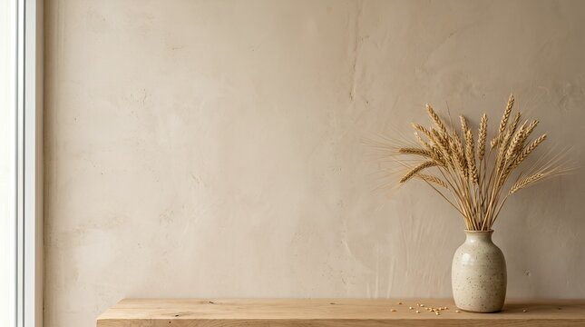 Minimalist interior with dried wheat grass in ceramic vase on wooden shelf against beige plaster wall background