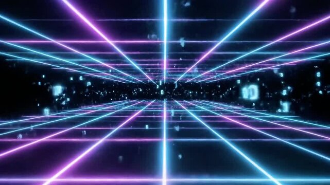 Neon blue pink laser grid lines with floating binary code, ideal for futuristic tech backgrounds or cyber security concept designs.