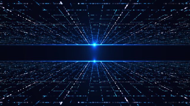 Deep blue grid pulses with light beams radiating outward. Brilliant core shines at image center. Lines stretch infinitely into digital space. Abstract tech design suggests future data flow