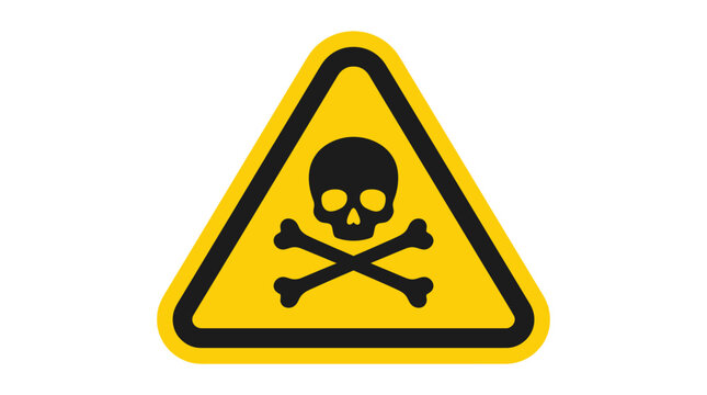 Yellow triangular warning sign featuring a black human skull and crossbones icon representing danger poison toxicity and lethal chemical hazards on a clean white background surface