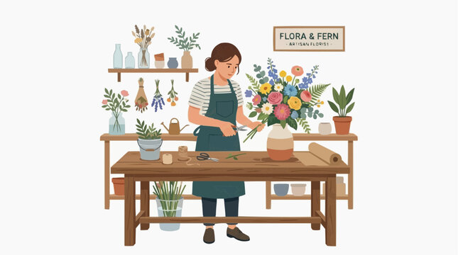 Florist Arranging a Vibrant Bouquet in a Studio Surrounded by Plants and Flowers