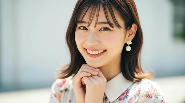 花柄の衣装を着て可憐に微笑む美しい女性