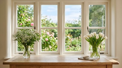 Fototapeta premium Bright window view of a lush garden with white floral arrangements on a rustic wooden table indoors