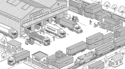 Logistics Hub: Trucks, Containers, Train, Warehouse, Delivery, Freight, Cargo, Industry © Hantu