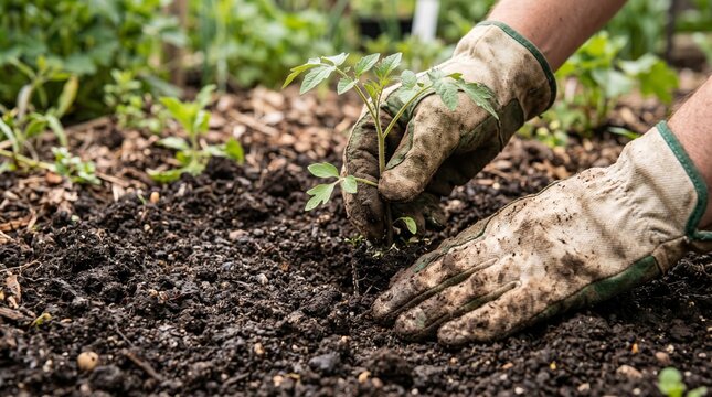 Hands in dirty gloves carefully planting a green tomato seedling
