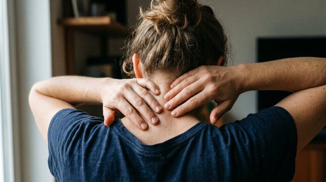 Woman in blue shirt massages her painful sore neck muscles
