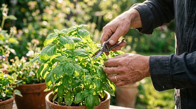 Gardener hands carefully trim fresh green basil leaves using shears
