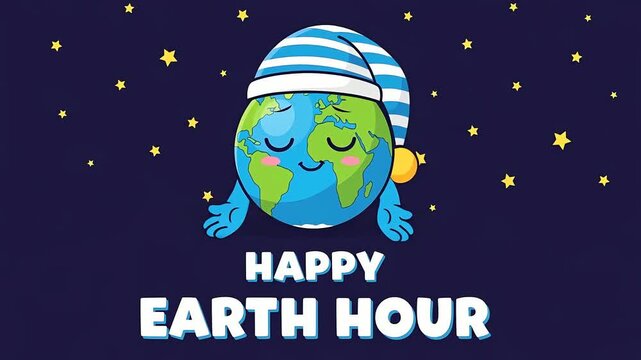 Animated earth character wearing nightcap celebrating earth hour video motion
