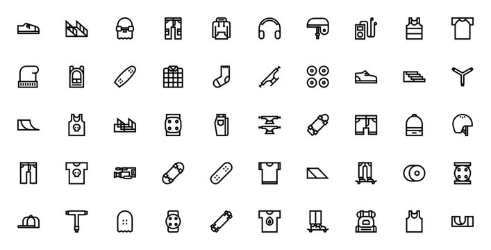 Skate icon set. Minimalist vector icons pack. Skateboard collection. Featuring sneakers, ramp, skateboard, trousers, hoodie, helmet, backpack, wheels, kneepad, longboard, shirt and more. Editable vect