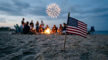 Fourth of july celebration american flag on beach with fireworks and bonfire in background