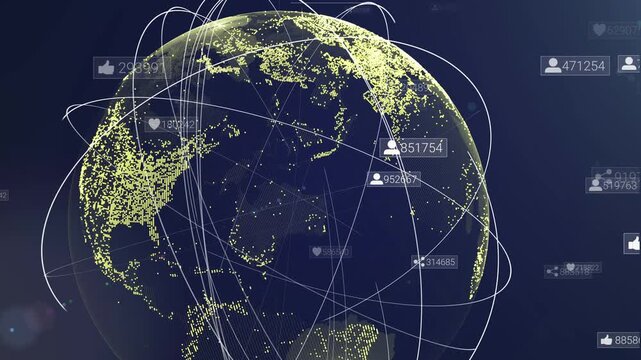 Global network pulses with digital connections. Cities glow beneath intricate data lines. Metrics float above urban nodes. Tech evolves through synchronized motion. Ideal for tech, business
